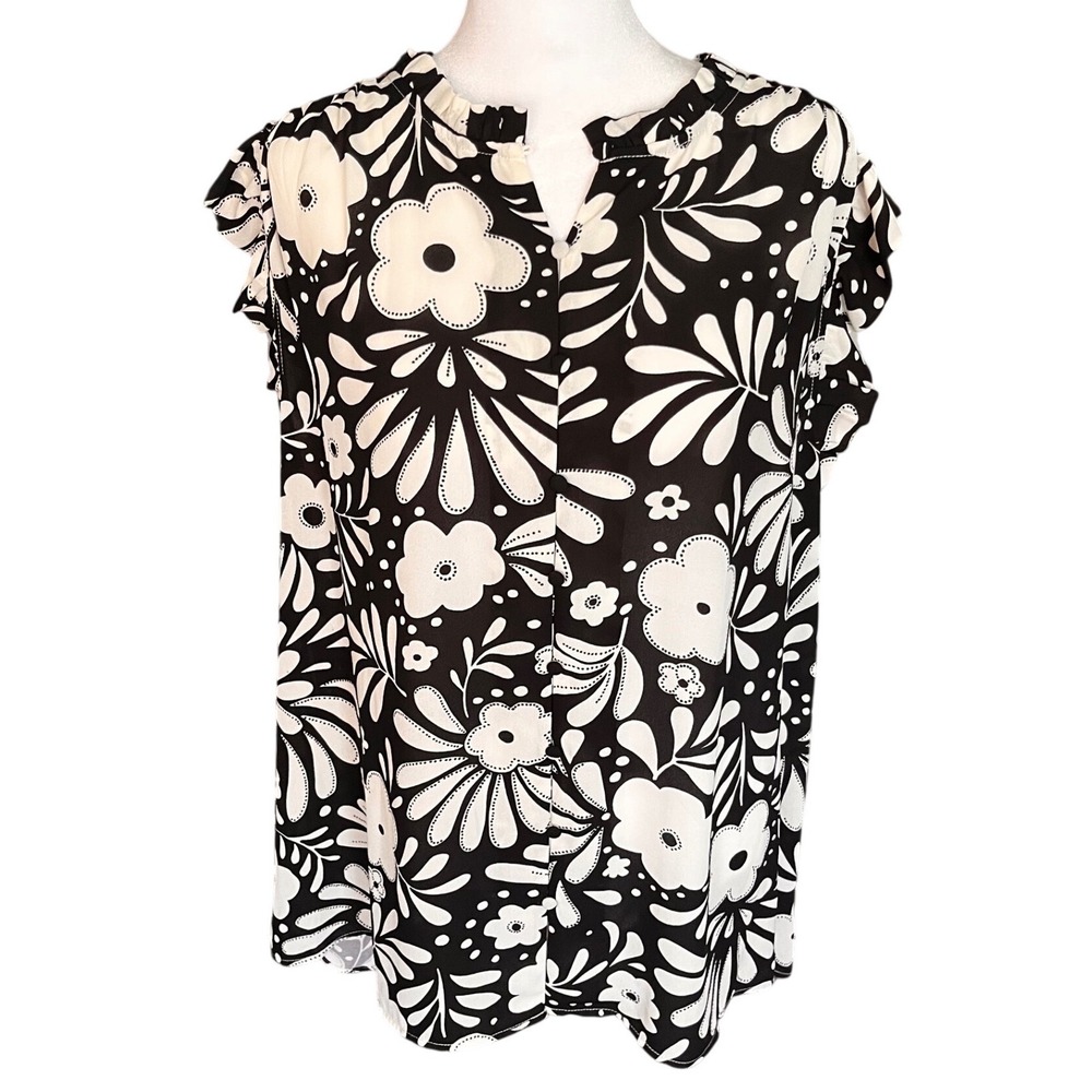 Premise Woman Black White Floral Ruffle Cap Sleeve Button Front Blouse 3X NWT